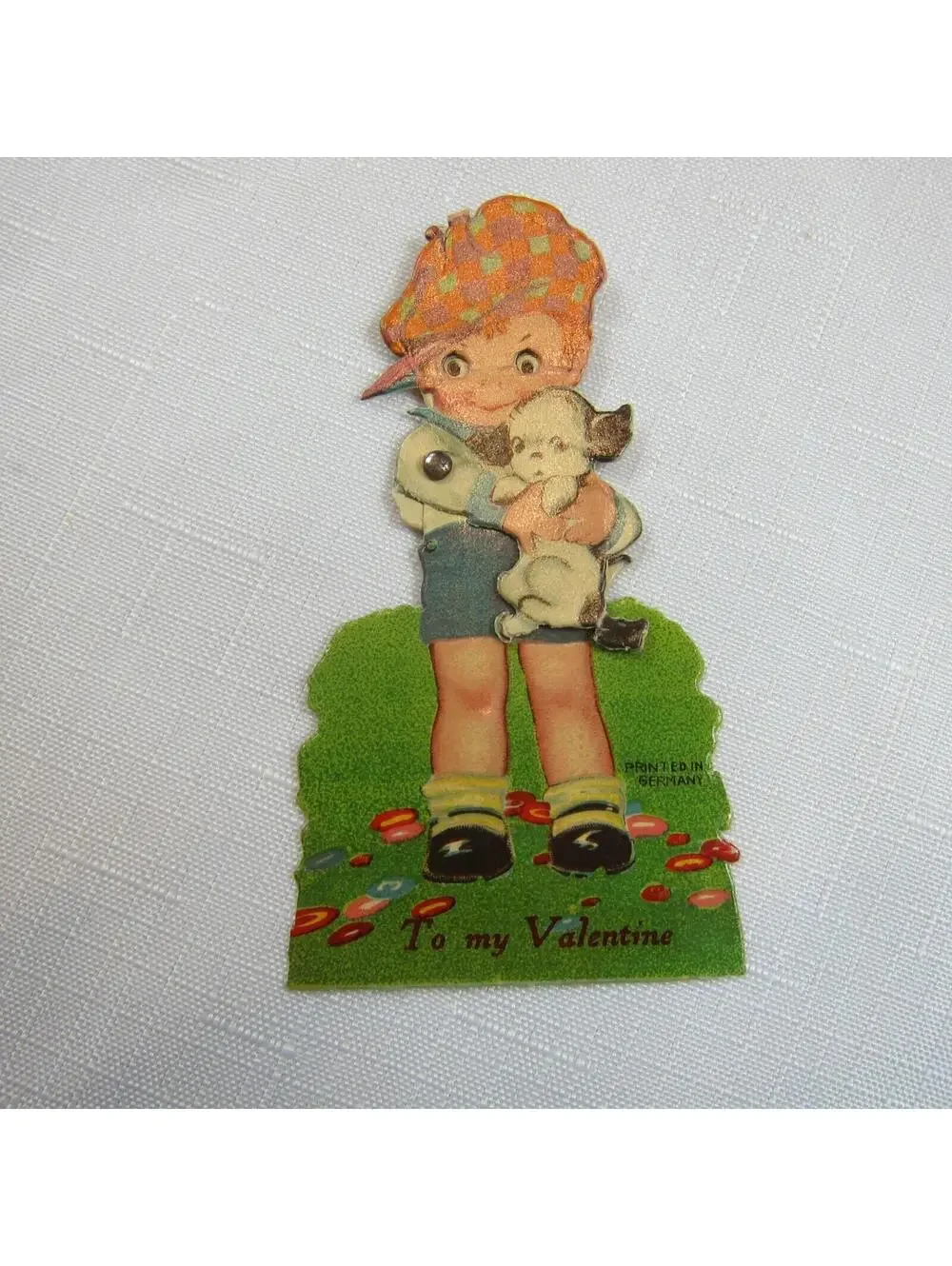 Vintage Valentine Card Mechanical Boy Puppy Dog Moving Eyes Arms Germany 20s-30s
